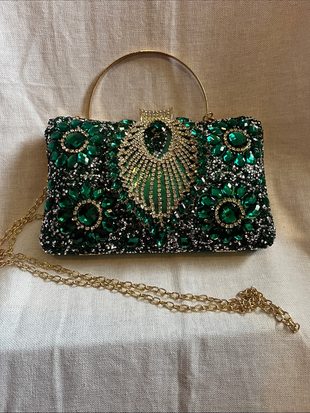 Green Jeweled Evening Clutch with Gold Accents